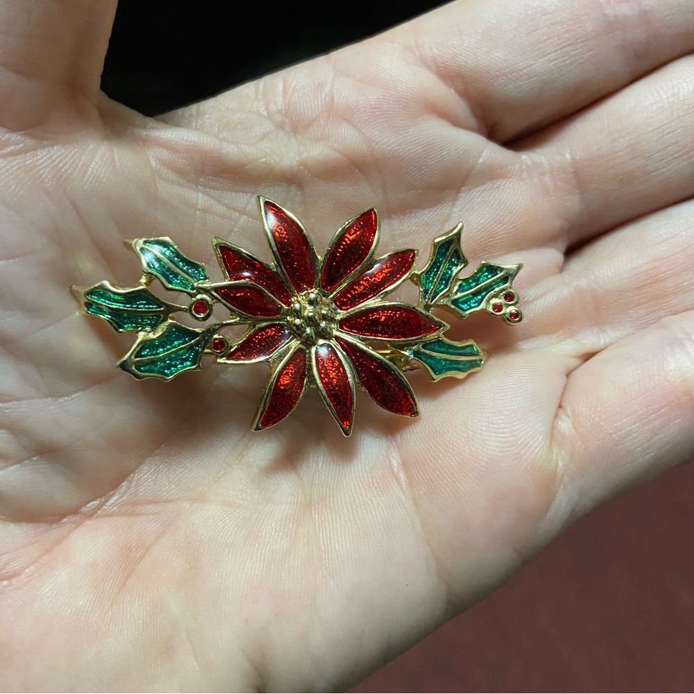 Vintage Enamel Christmas Poinsettia Holiday Brooch